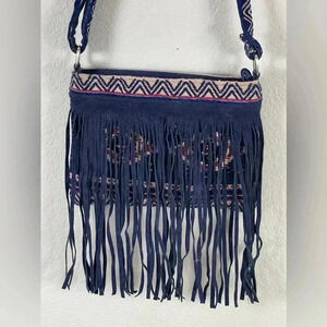 Raj L.A. Vegan Leather Fringe Woven Crossbody Navy Boho Embroidered Bag NWOT